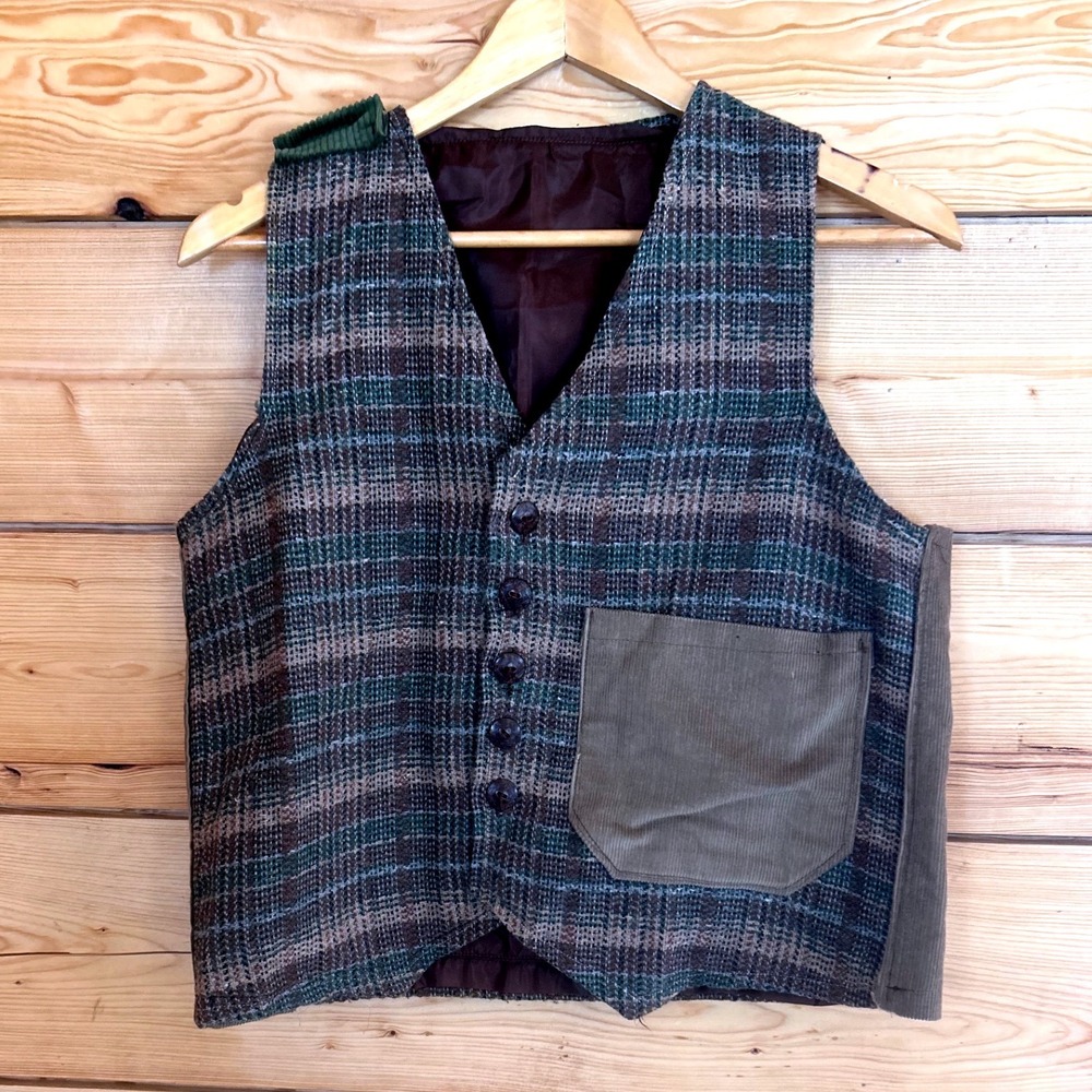 Vintage Wool Vest Women Large Multi Color Patchwork‎ Corduroy Handmade Artisan